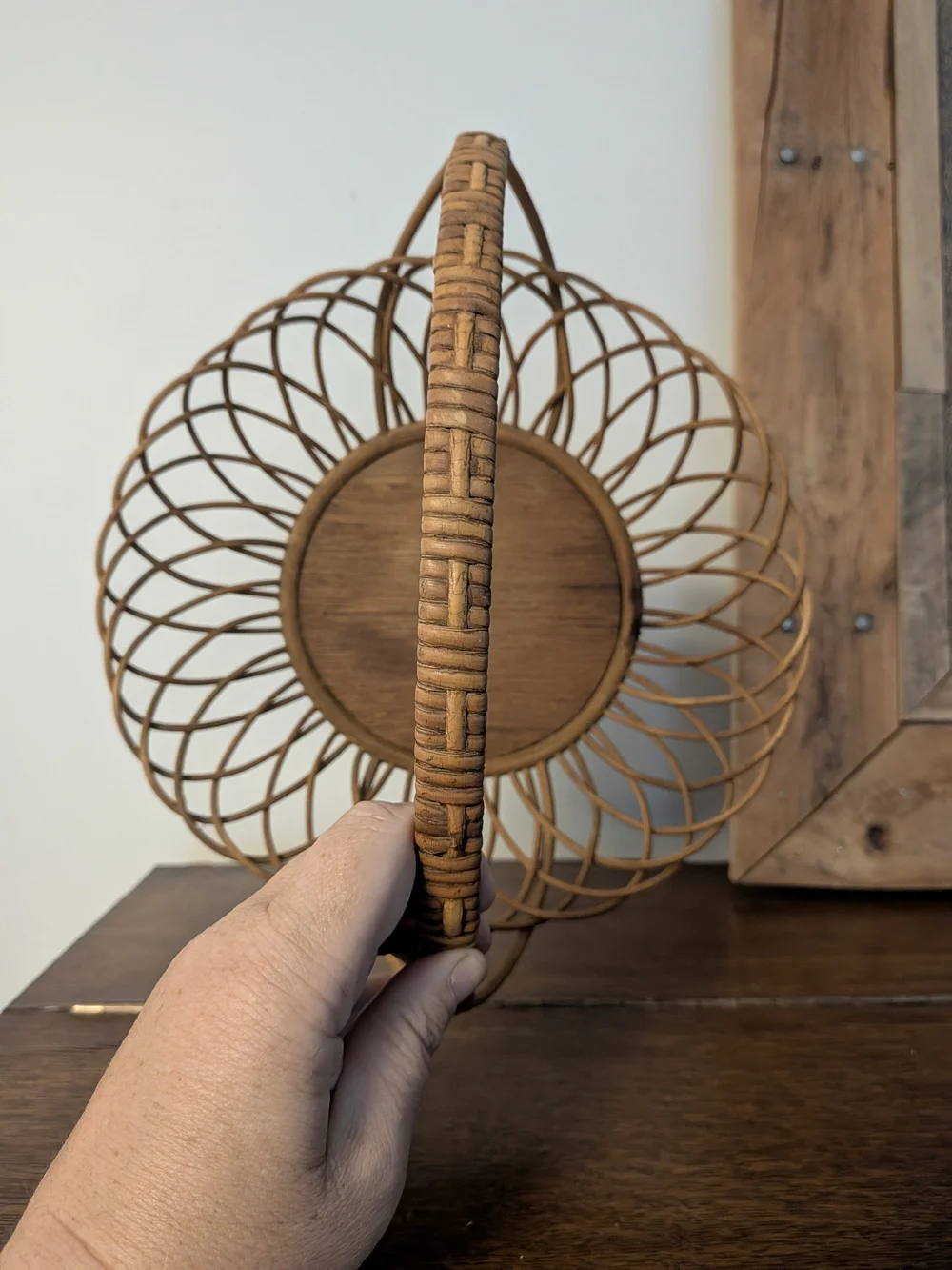 Hand Painted Wicker Rattan Basket Handled Wooden Base Folk Art